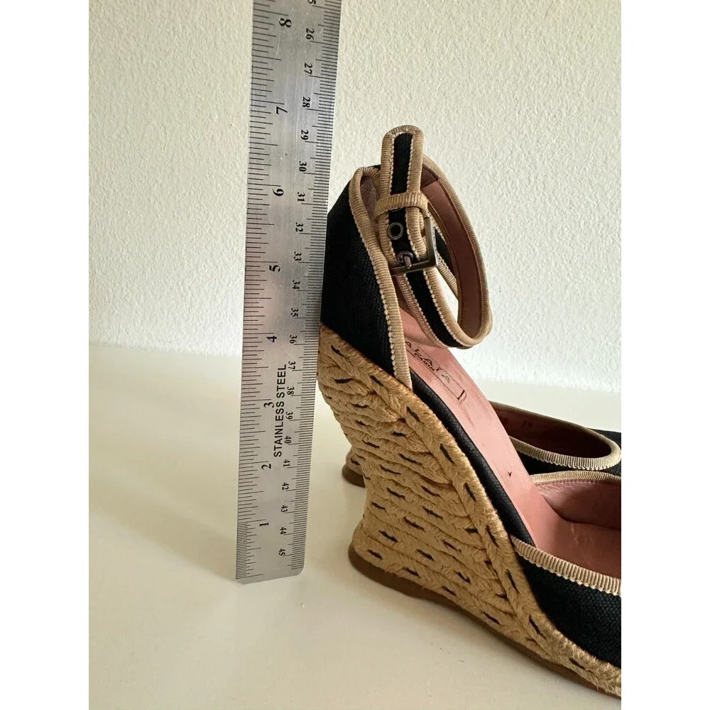 ALAIA Wedge Espadrille Sandals Canvas Almond Toe Ankle Strap Black Women's EU 38